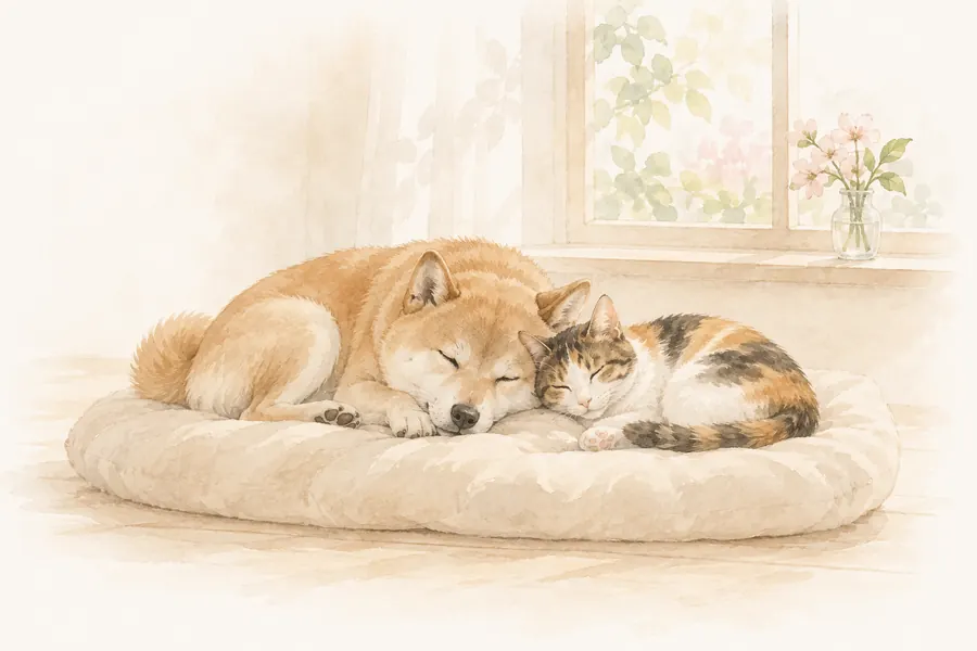 寄り添って眠る犬と猫のイラスト